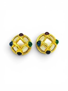 Vintage Carolee Gold-Tone Faux Pearl & Multicolor Gripoix Cabochons Earringss
